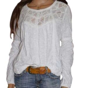 SUNDANCE Royal Rosie White Crochet Accent Long Sleeve Top BOHO Size Medium H15